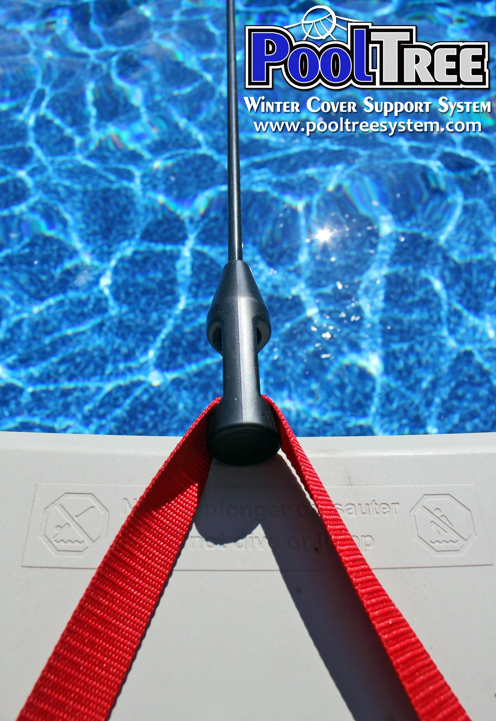 Pooltree system, pool tree system, winter cover system, aboveground pools, above ground pool, pool pillow, pool cover,  mesh cover, pool closing, pool winterization, support system, swimming pool, winter pool cover,  winterizing, air pillow, pool accessory, round pool, cover pillow, pool equipment, swimline, in the swim, pool mate, pillow pal, swim central, porous cover, pool pump, pool winter cover, pool cover support, pool closing kit, oval pool, ball, ball cover system, harness, strap