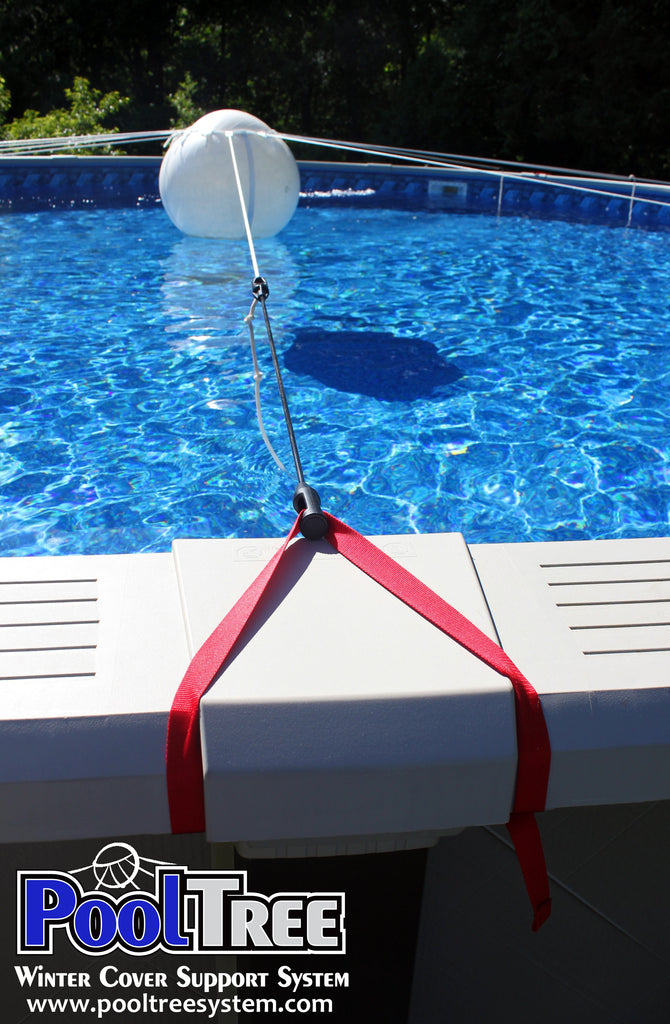 Pooltree system, pool tree system, winter cover system, aboveground pools, above ground pool, pool pillow, pool cover,  mesh cover, pool closing, pool winterization, support system, swimming pool, winter pool cover,  winterizing, air pillow, pool accessory, round pool, cover pillow, pool equipment, swimline, in the swim, pool mate, pillow pal, swim central, porous cover, pool pump, pool winter cover, pool cover support, pool closing kit, oval pool, ball, ball cover system, harness, strap