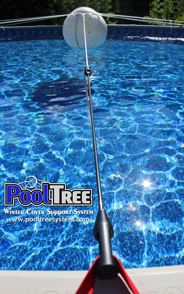 Pooltree system, pool tree system, winter cover system, aboveground pools, above ground pool, pool pillow, pool cover,  mesh cover, pool closing, pool winterization, support system, swimming pool, winter pool cover,  winterizing, air pillow, pool accessory, round pool, cover pillow, pool equipment, swimline, in the swim, pool mate, pillow pal, swim central, porous cover, pool pump, pool winter cover, pool cover support, pool closing kit, oval pool, ball, ball cover system, harness, bungee, strap