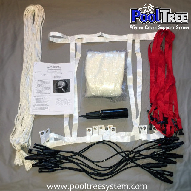 Pooltree system, pool tree system, winter cover system, aboveground pools, above ground pool, pool pillow, pool cover,  mesh cover, pool closing, pool winterization, support system, swimming pool, winter pool cover,  winterizing, air pillow, pool accessory, round pool, cover pillow, pool equipment, swimline, in the swim, pool mate, pillow pal, swim central, porous cover, pool pump, pool winter cover, pool cover support, round pool cover, round winter cover, pool closing kit